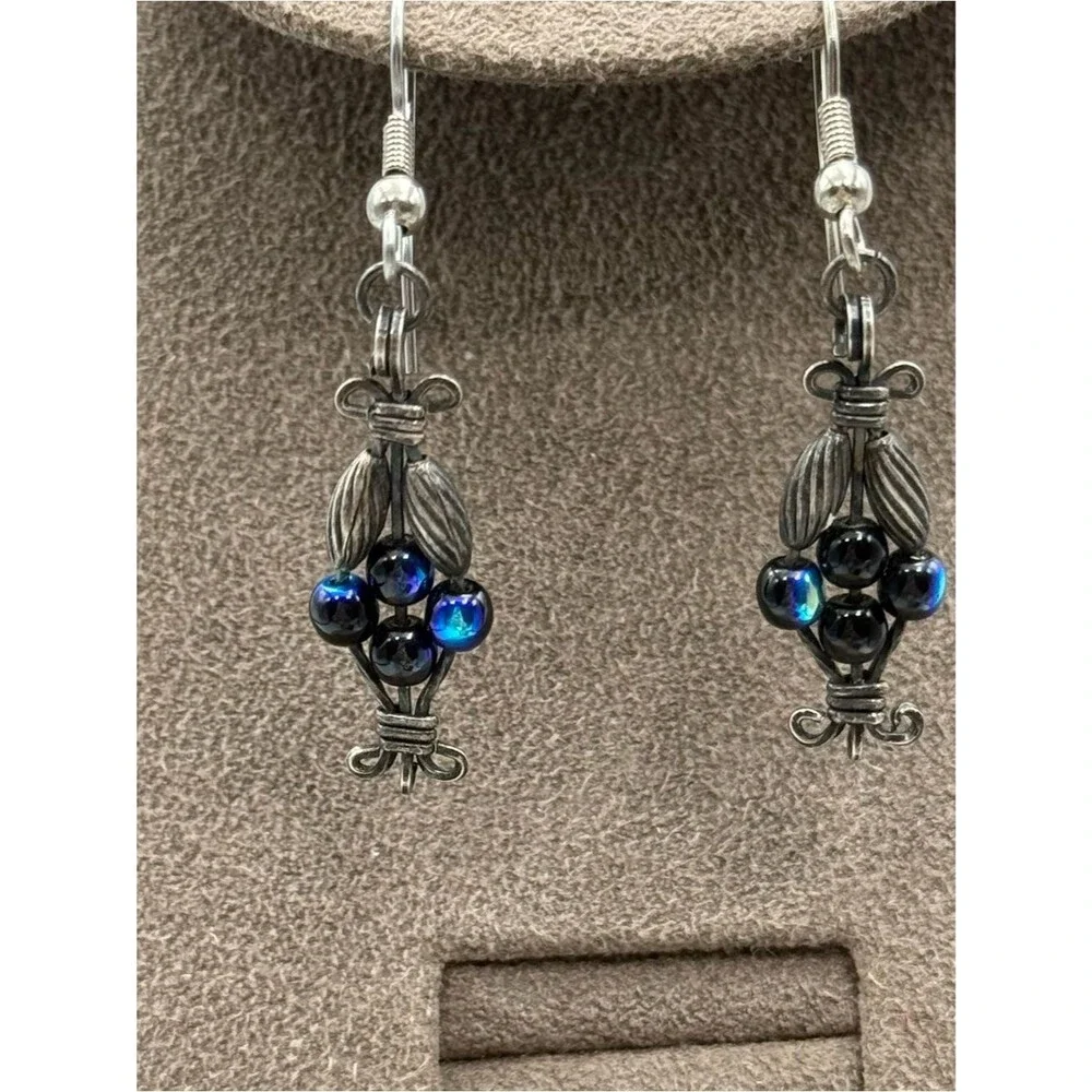Silver-Tone Blue Iridescent Bead Drop Earrings